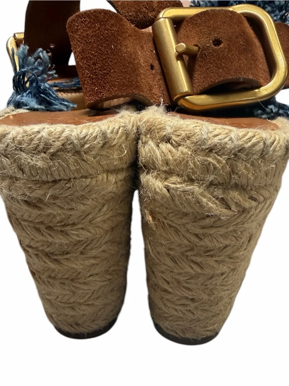 Chloé Blue Denim Fringe Wedge Sandals Size EU 36